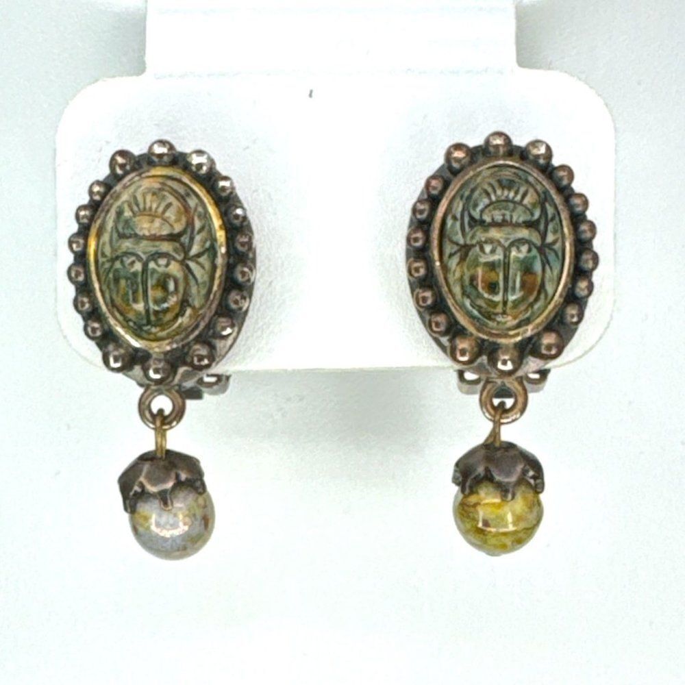 Vintage Scarab Clip-On Dangle Bead Earrings Over Silver Plated Signed